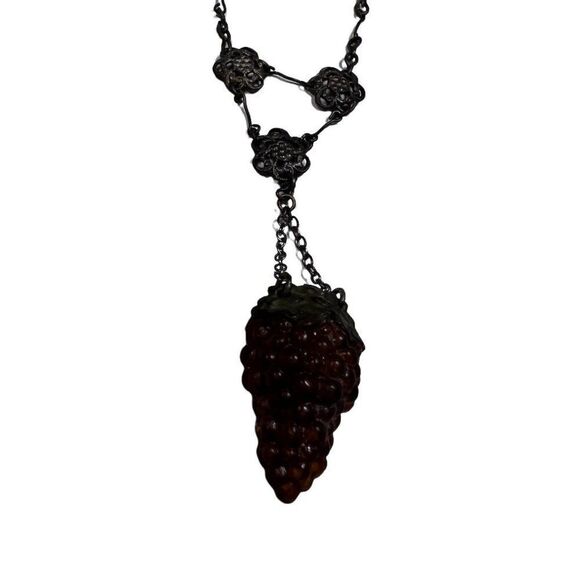 Antique Silver Tone Grape Cluster Victorian Dangle Filigree Necklace 18" Long - Picture 1 of 4